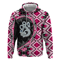 Pink Taniko Motif Aotearoa Manaia and Silver Fern Zip Hoodie