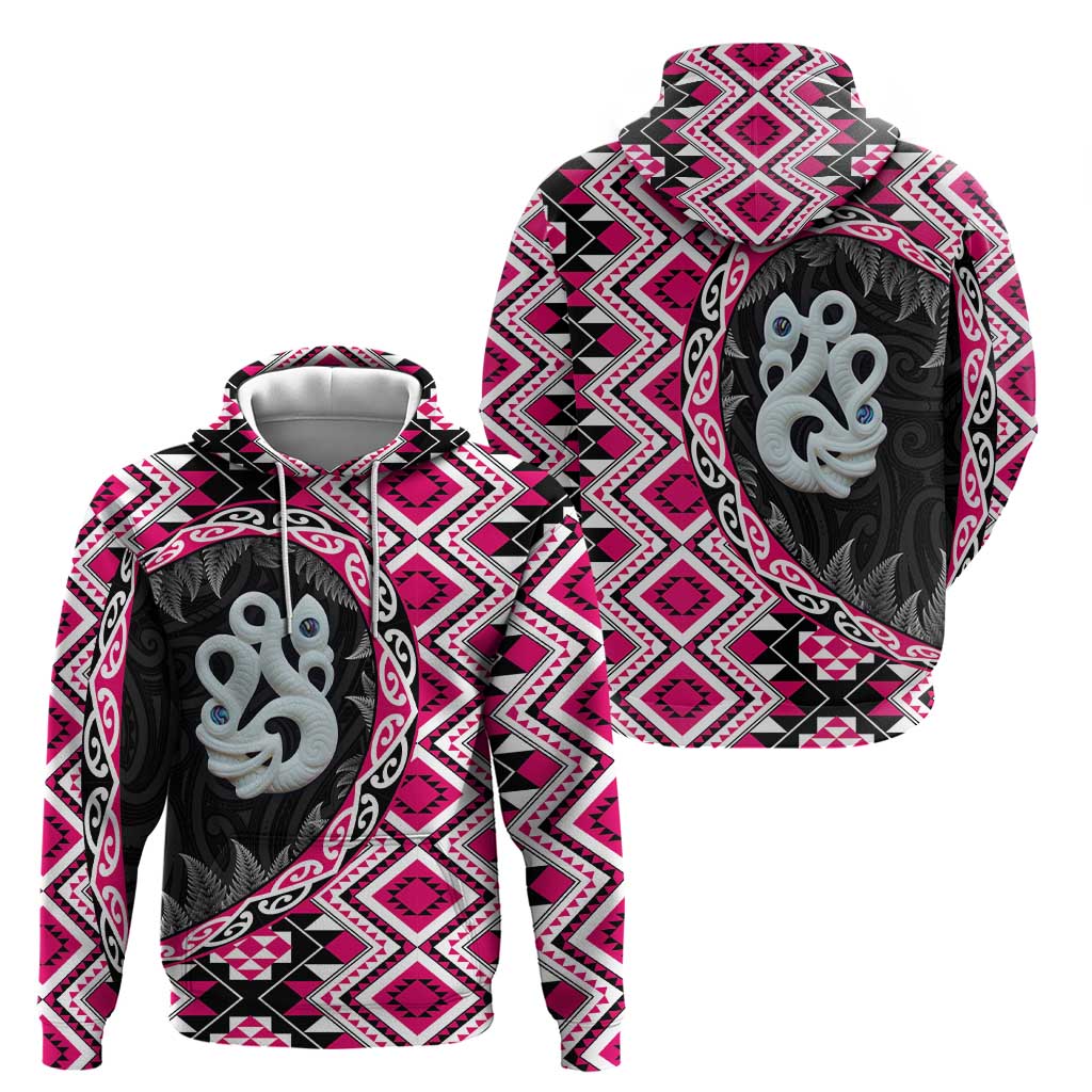 Pink Taniko Motif Aotearoa Manaia and Silver Fern Zip Hoodie