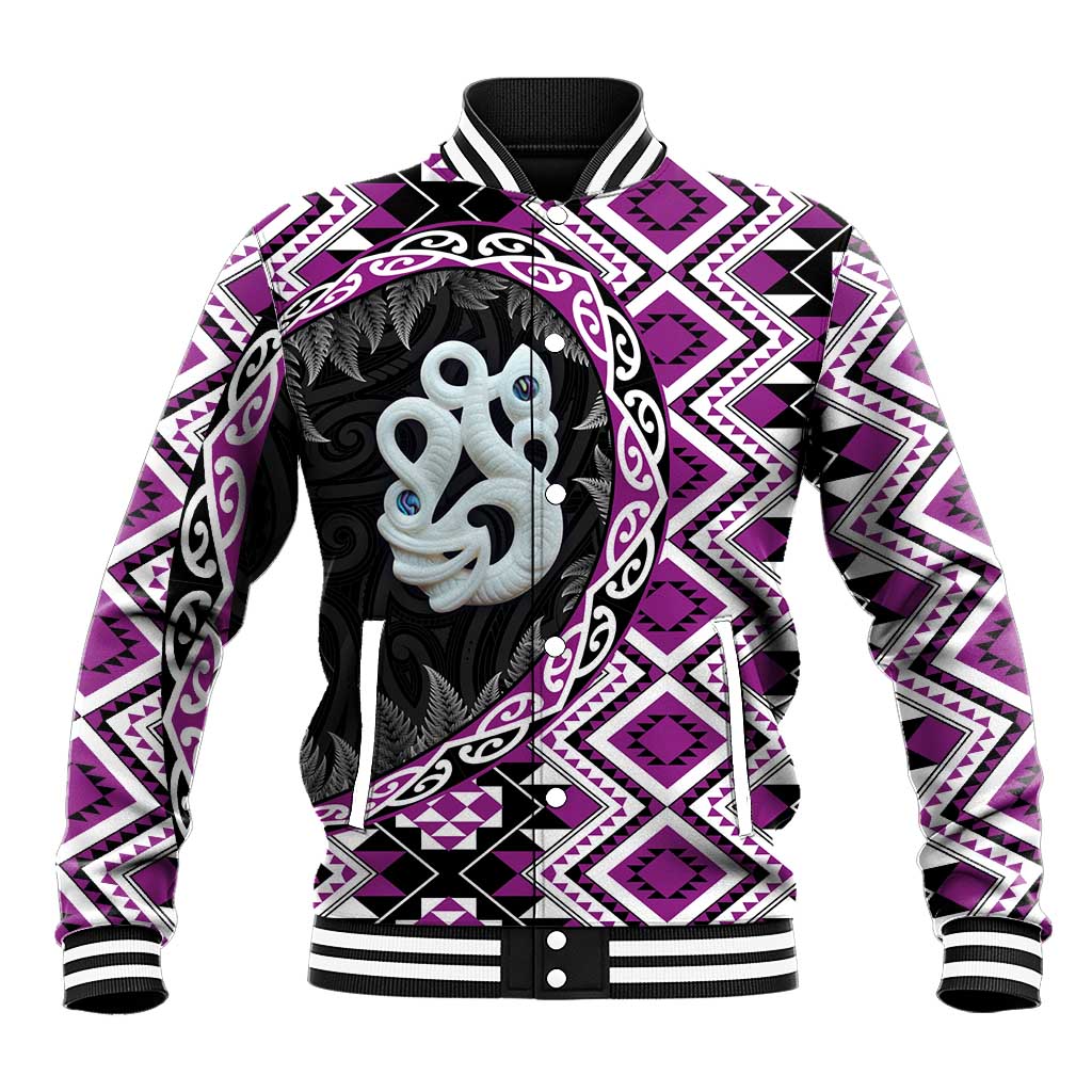 Purple Taniko Motif Aotearoa Manaia and Silver Fern Baseball Jacket LT03 Unisex Purple - Polynesian Pride