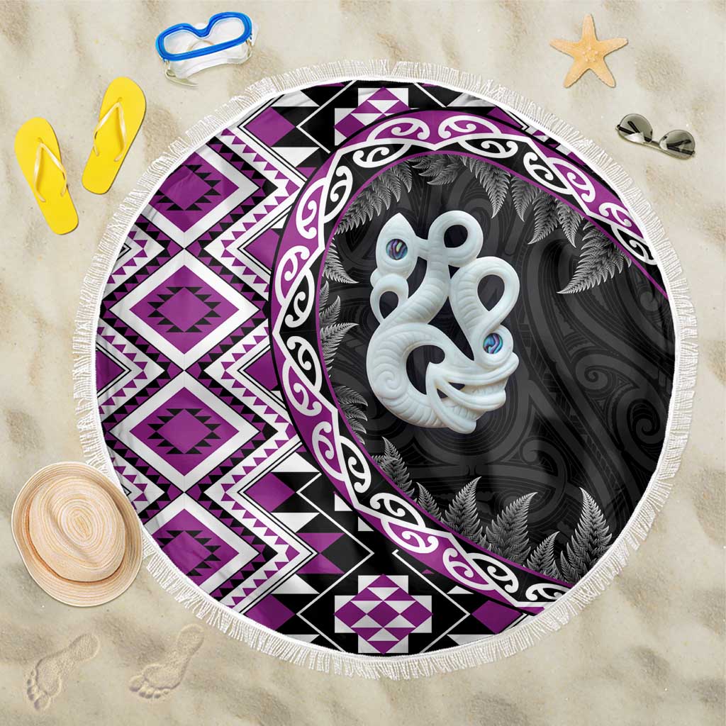 Purple Taniko Motif Aotearoa Manaia and Silver Fern Beach Blanket