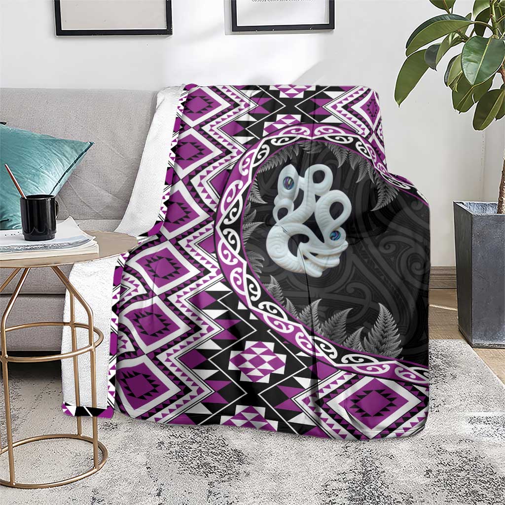Purple Taniko Motif Aotearoa Manaia and Silver Fern Blanket