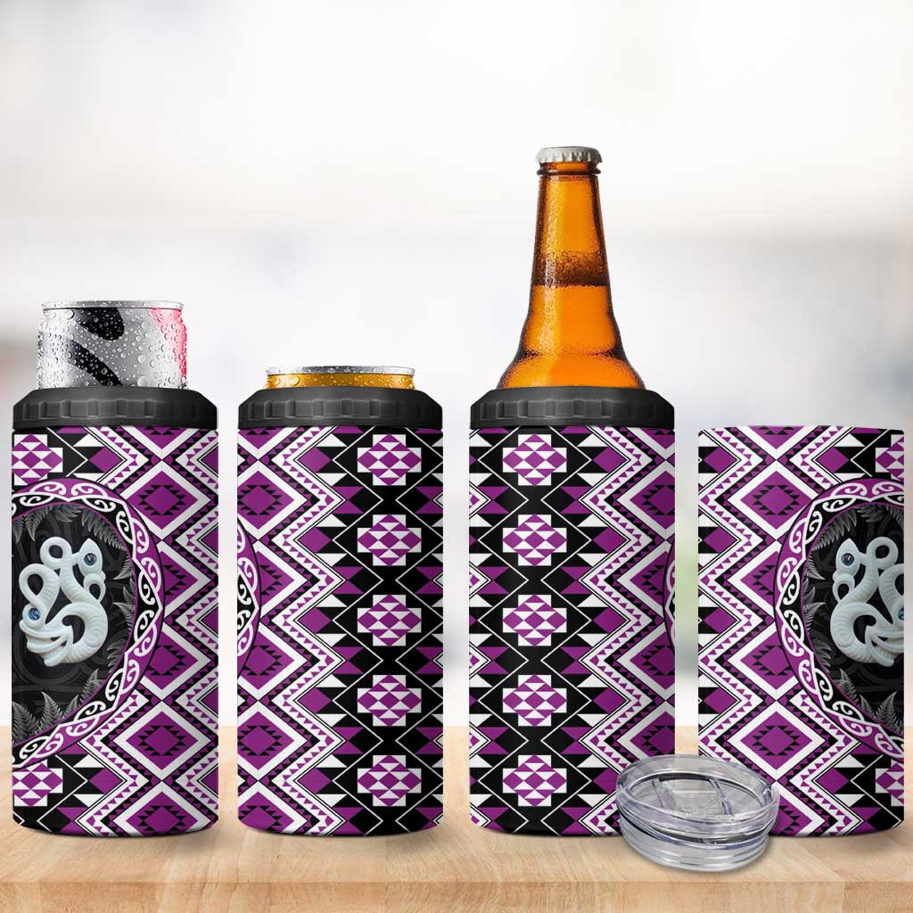 Purple Taniko Motif Aotearoa Manaia and Silver Fern 4 in 1 Can Cooler Tumbler