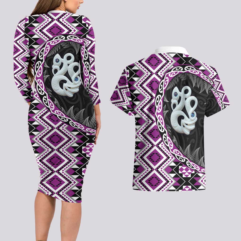 Purple Taniko Motif Aotearoa Manaia and Silver Fern Couples Matching Long Sleeve Bodycon Dress and Hawaiian Shirt LT03 - Polynesian Pride