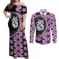 Purple Taniko Motif Aotearoa Manaia and Silver Fern Couples Matching Off Shoulder Maxi Dress and Long Sleeve Button Shirt LT03 Purple - Polynesian Pride