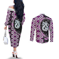 Purple Taniko Motif Aotearoa Manaia and Silver Fern Couples Matching Off The Shoulder Long Sleeve Dress and Long Sleeve Button Shirt