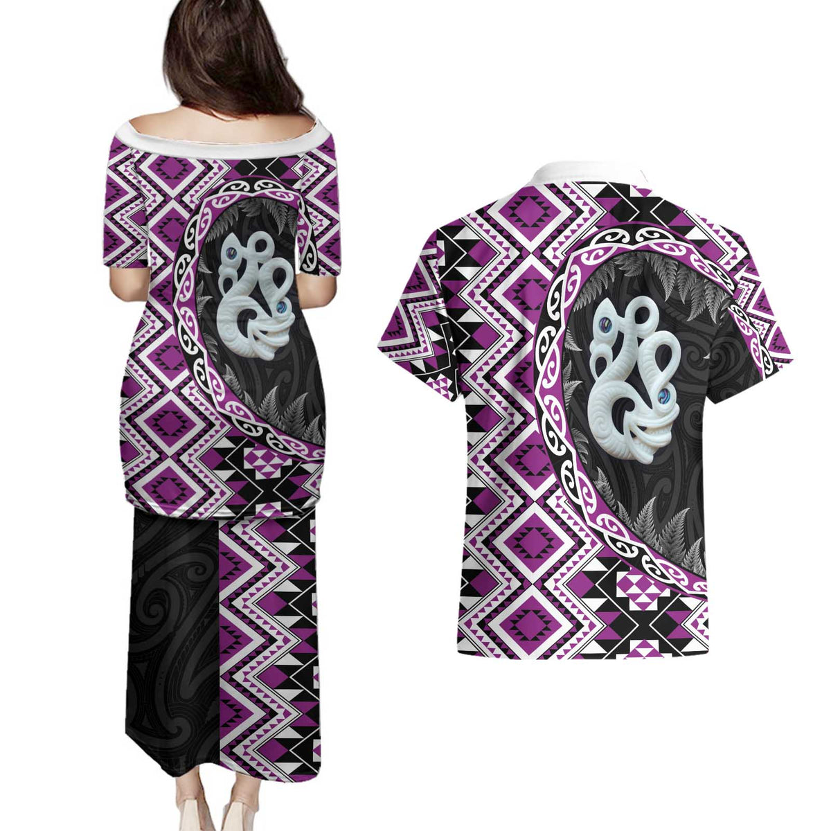 Purple Taniko Motif Aotearoa Manaia and Silver Fern Couples Matching Puletasi and Hawaiian Shirt LT03 - Polynesian Pride