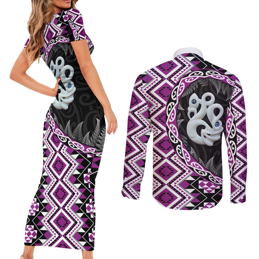 Purple Taniko Motif Aotearoa Manaia and Silver Fern Couples Matching Short Sleeve Bodycon Dress and Long Sleeve Button Shirt
