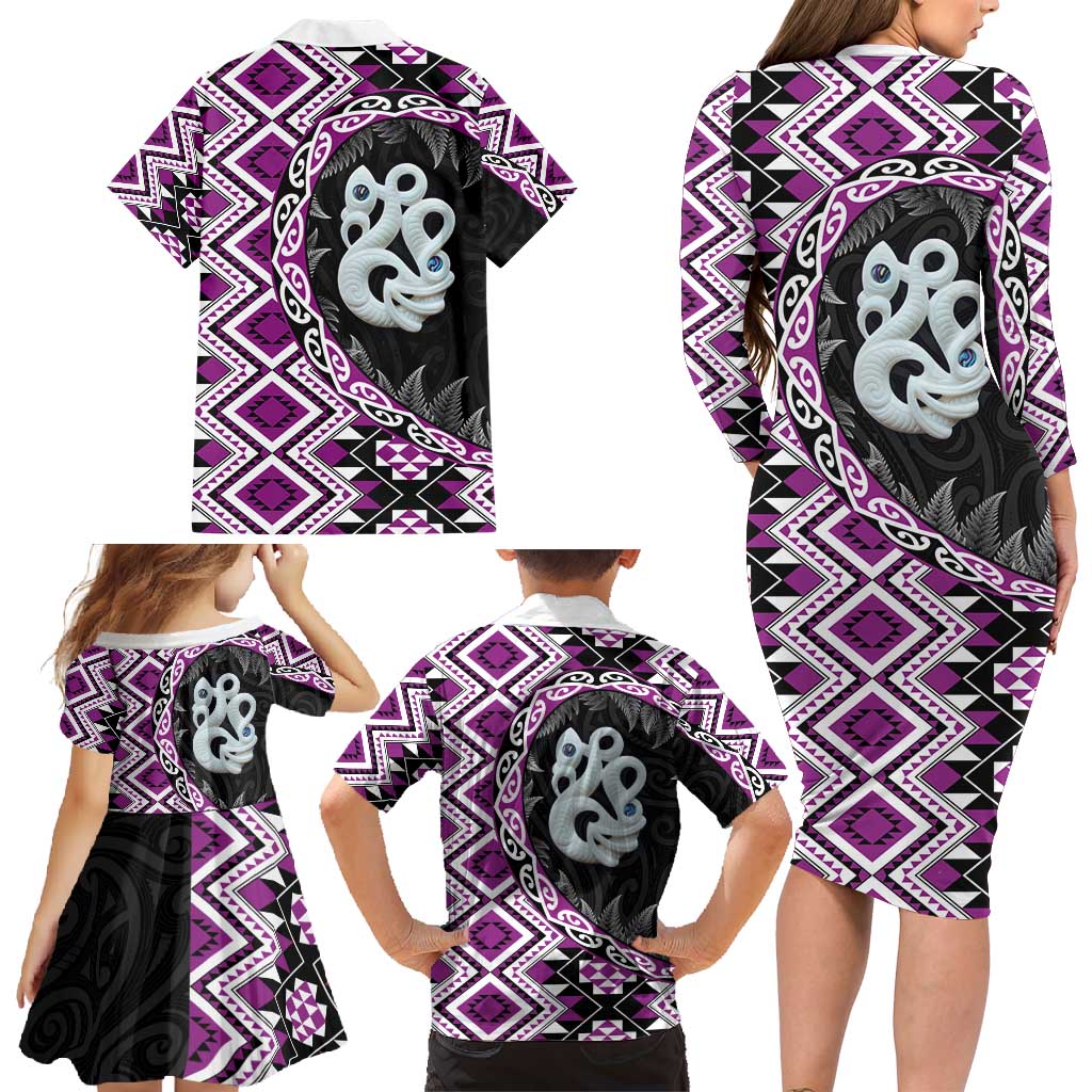 Purple Taniko Motif Aotearoa Manaia and Silver Fern Family Matching Long Sleeve Bodycon Dress and Hawaiian Shirt LT03 - Polynesian Pride