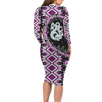Purple Taniko Motif Aotearoa Manaia and Silver Fern Family Matching Long Sleeve Bodycon Dress and Hawaiian Shirt LT03 - Polynesian Pride
