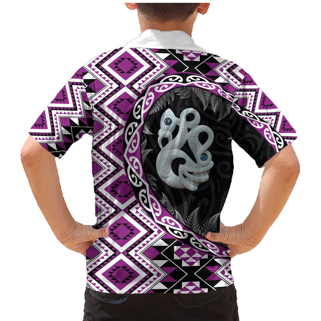 Purple Taniko Motif Aotearoa Manaia and Silver Fern Family Matching Mermaid Dress and Hawaiian Shirt LT03 - Polynesian Pride