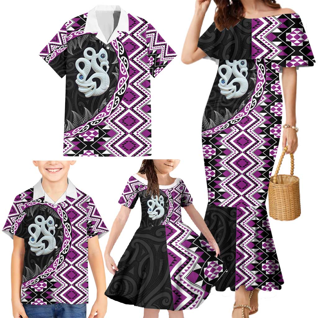 Purple Taniko Motif Aotearoa Manaia and Silver Fern Family Matching Mermaid Dress and Hawaiian Shirt LT03 - Polynesian Pride