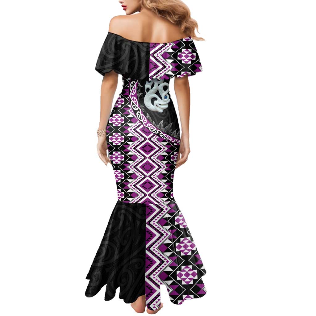 Purple Taniko Motif Aotearoa Manaia and Silver Fern Family Matching Mermaid Dress and Hawaiian Shirt LT03 - Polynesian Pride