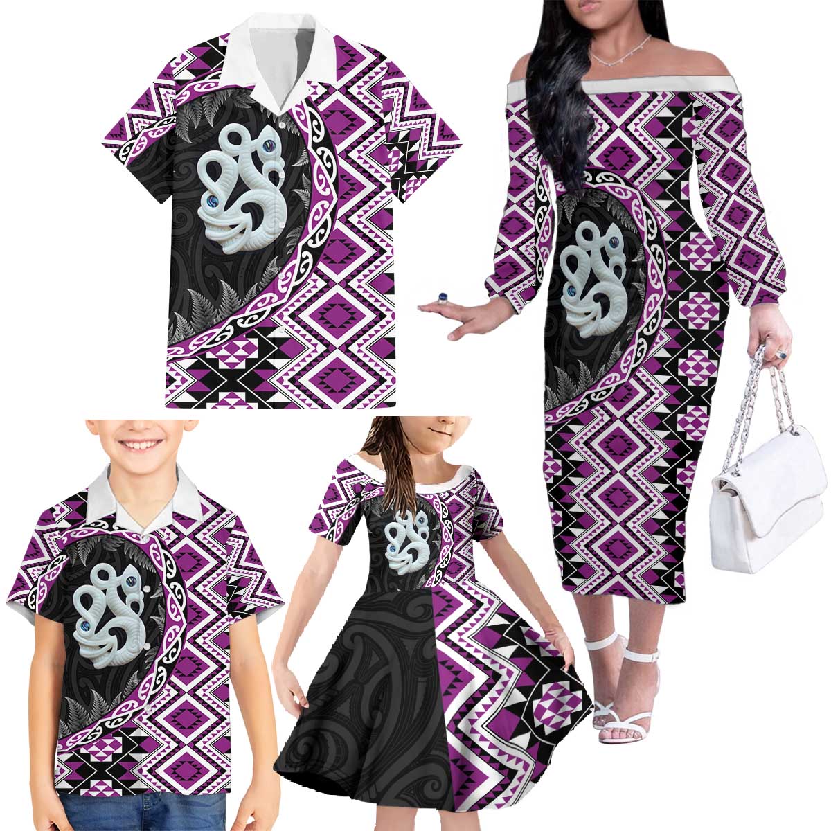 Purple Taniko Motif Aotearoa Manaia and Silver Fern Family Matching Off The Shoulder Long Sleeve Dress and Hawaiian Shirt