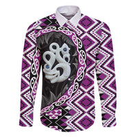 Purple Taniko Motif Aotearoa Manaia and Silver Fern Family Matching Off The Shoulder Long Sleeve Dress and Hawaiian Shirt