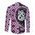 Purple Taniko Motif Aotearoa Manaia and Silver Fern Family Matching Off The Shoulder Long Sleeve Dress and Hawaiian Shirt
