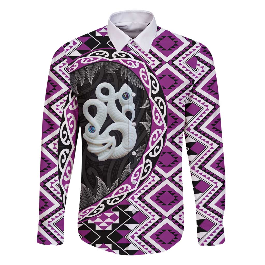 Purple Taniko Motif Aotearoa Manaia and Silver Fern Family Matching Off Shoulder Maxi Dress and Hawaiian Shirt LT03 Dad's Shirt - Long Sleeve Purple - Polynesian Pride