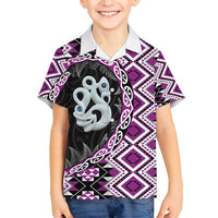 Purple Taniko Motif Aotearoa Manaia and Silver Fern Family Matching Off Shoulder Maxi Dress and Hawaiian Shirt LT03 Son's Shirt Purple - Polynesian Pride