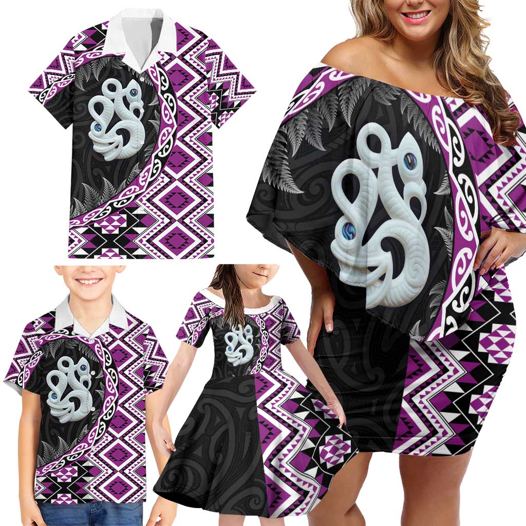 Purple Taniko Motif Aotearoa Manaia and Silver Fern Family Matching Off Shoulder Short Dress and Hawaiian Shirt LT03 - Polynesian Pride