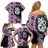 Purple Taniko Motif Aotearoa Manaia and Silver Fern Family Matching Off Shoulder Short Dress and Hawaiian Shirt LT03 - Polynesian Pride