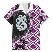 Purple Taniko Motif Aotearoa Manaia and Silver Fern Family Matching Off Shoulder Short Dress and Hawaiian Shirt LT03 Dad's Shirt - Short Sleeve Purple - Polynesian Pride
