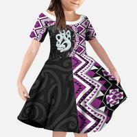 Purple Taniko Motif Aotearoa Manaia and Silver Fern Family Matching Puletasi and Hawaiian Shirt LT03 Daughter's Dress Purple - Polynesian Pride