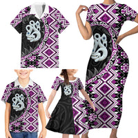 Purple Taniko Motif Aotearoa Manaia and Silver Fern Family Matching Short Sleeve Bodycon Dress and Hawaiian Shirt LT03 - Polynesian Pride