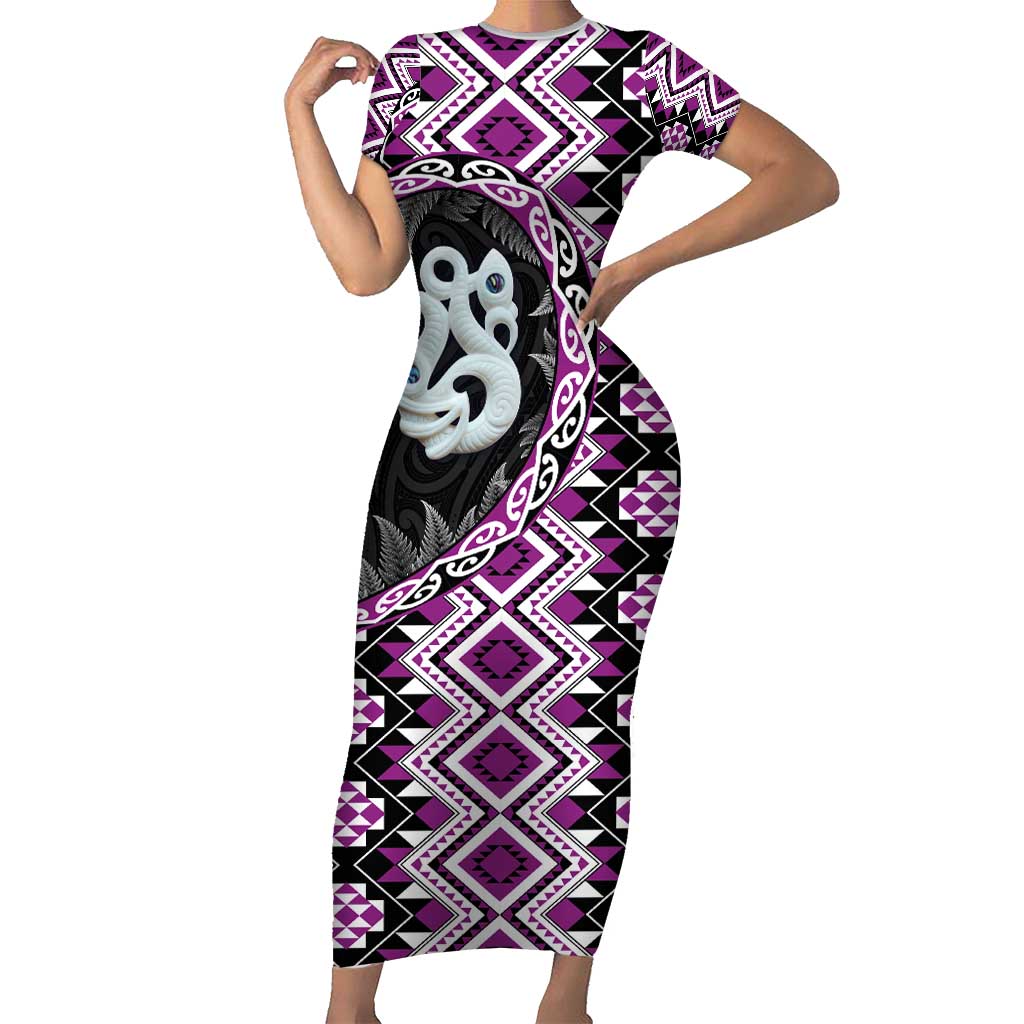 Purple Taniko Motif Aotearoa Manaia and Silver Fern Family Matching Short Sleeve Bodycon Dress and Hawaiian Shirt LT03 Mom's Dress Purple - Polynesian Pride