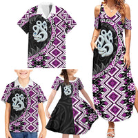 Purple Taniko Motif Aotearoa Manaia and Silver Fern Family Matching Summer Maxi Dress and Hawaiian Shirt LT03 - Polynesian Pride