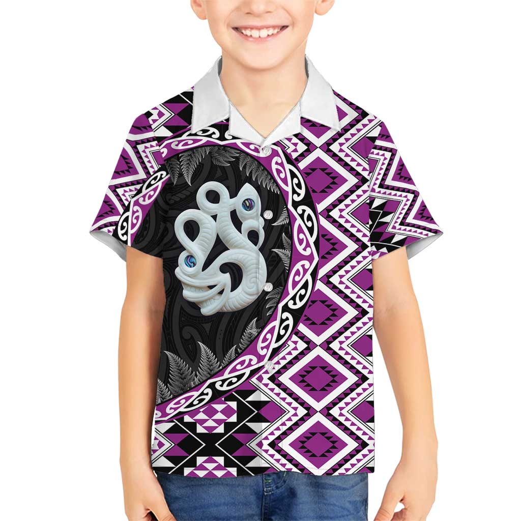Purple Taniko Motif Aotearoa Manaia and Silver Fern Family Matching Summer Maxi Dress and Hawaiian Shirt LT03 Son's Shirt Purple - Polynesian Pride