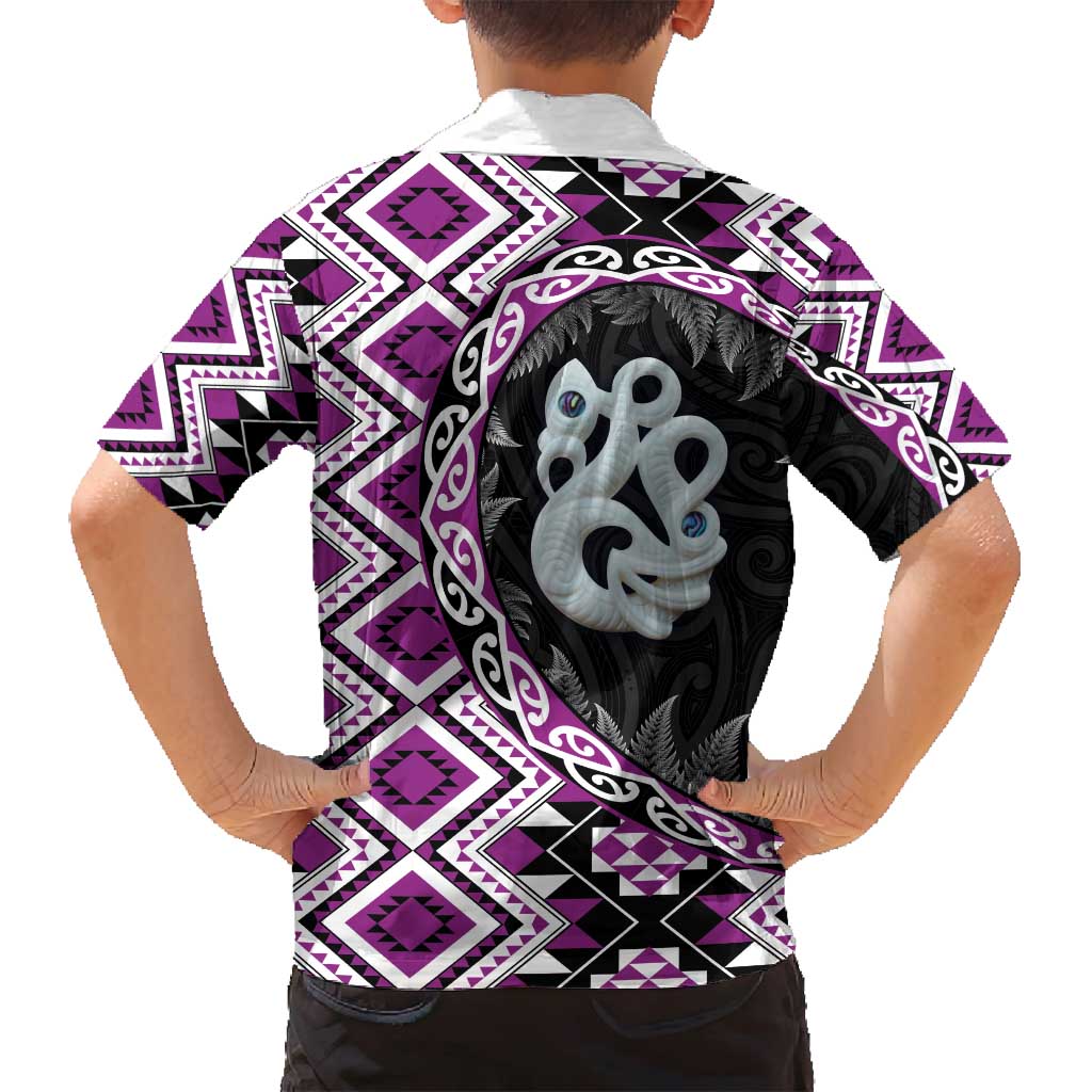 Purple Taniko Motif Aotearoa Manaia and Silver Fern Family Matching Tank Maxi Dress and Hawaiian Shirt LT03 - Polynesian Pride