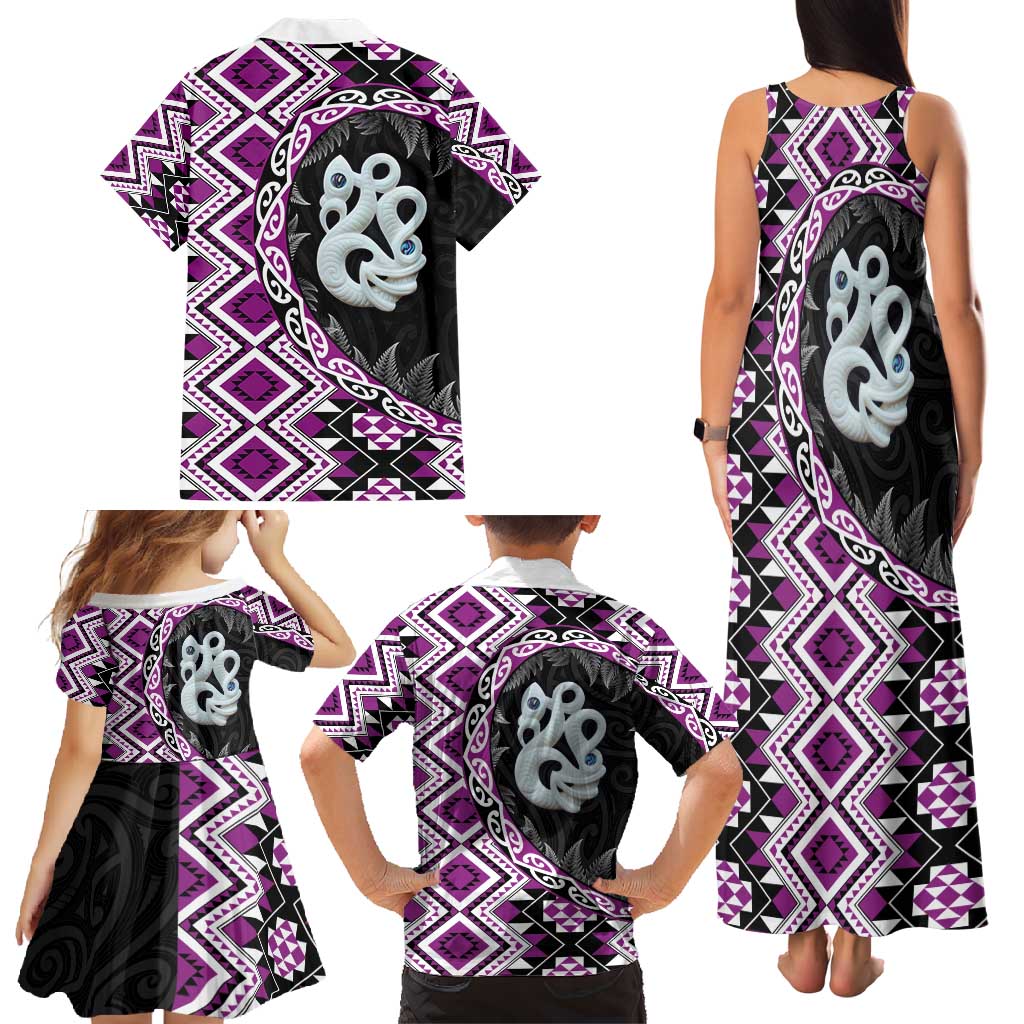 Purple Taniko Motif Aotearoa Manaia and Silver Fern Family Matching Tank Maxi Dress and Hawaiian Shirt LT03 - Polynesian Pride