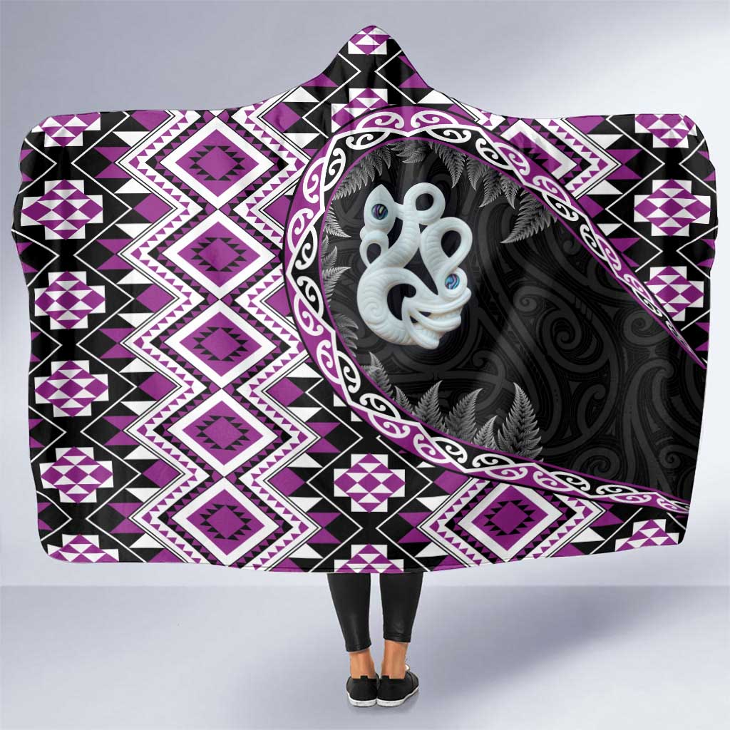 Purple Taniko Motif Aotearoa Manaia and Silver Fern Hooded Blanket