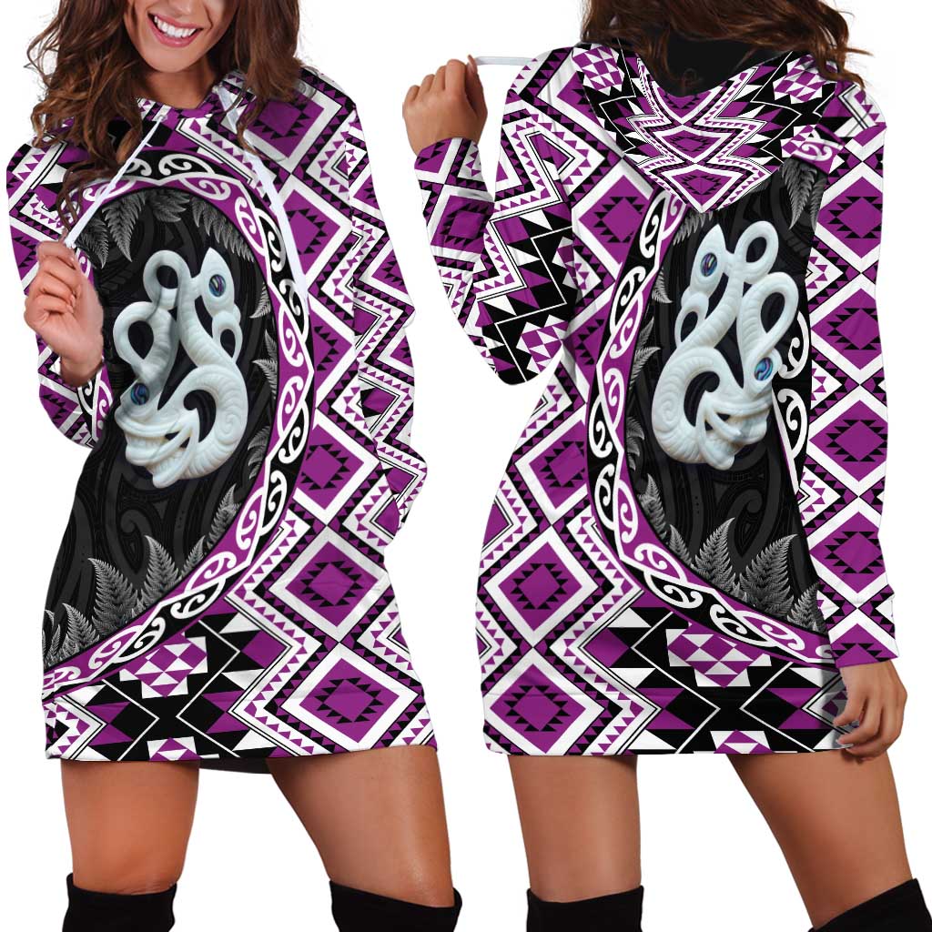 Purple Taniko Motif Aotearoa Manaia and Silver Fern Hoodie Dress