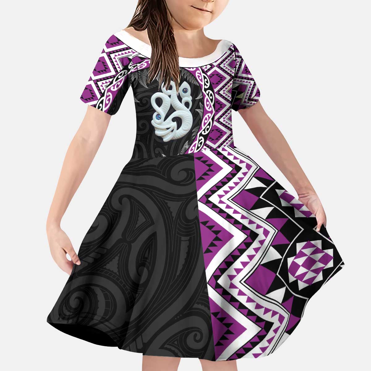 Purple Taniko Motif Aotearoa Manaia and Silver Fern Kid Short Sleeve Dress
