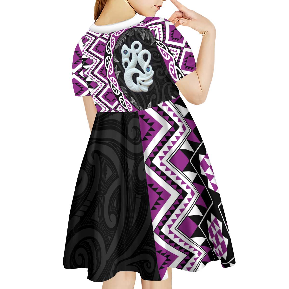 Purple Taniko Motif Aotearoa Manaia and Silver Fern Kid Short Sleeve Dress