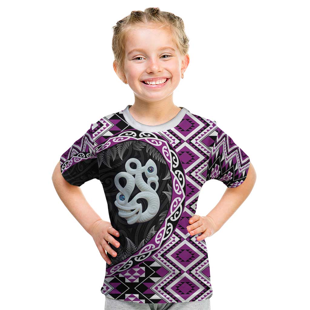 Purple Taniko Motif Aotearoa Manaia and Silver Fern Kid T Shirt LT03 Purple - Polynesian Pride
