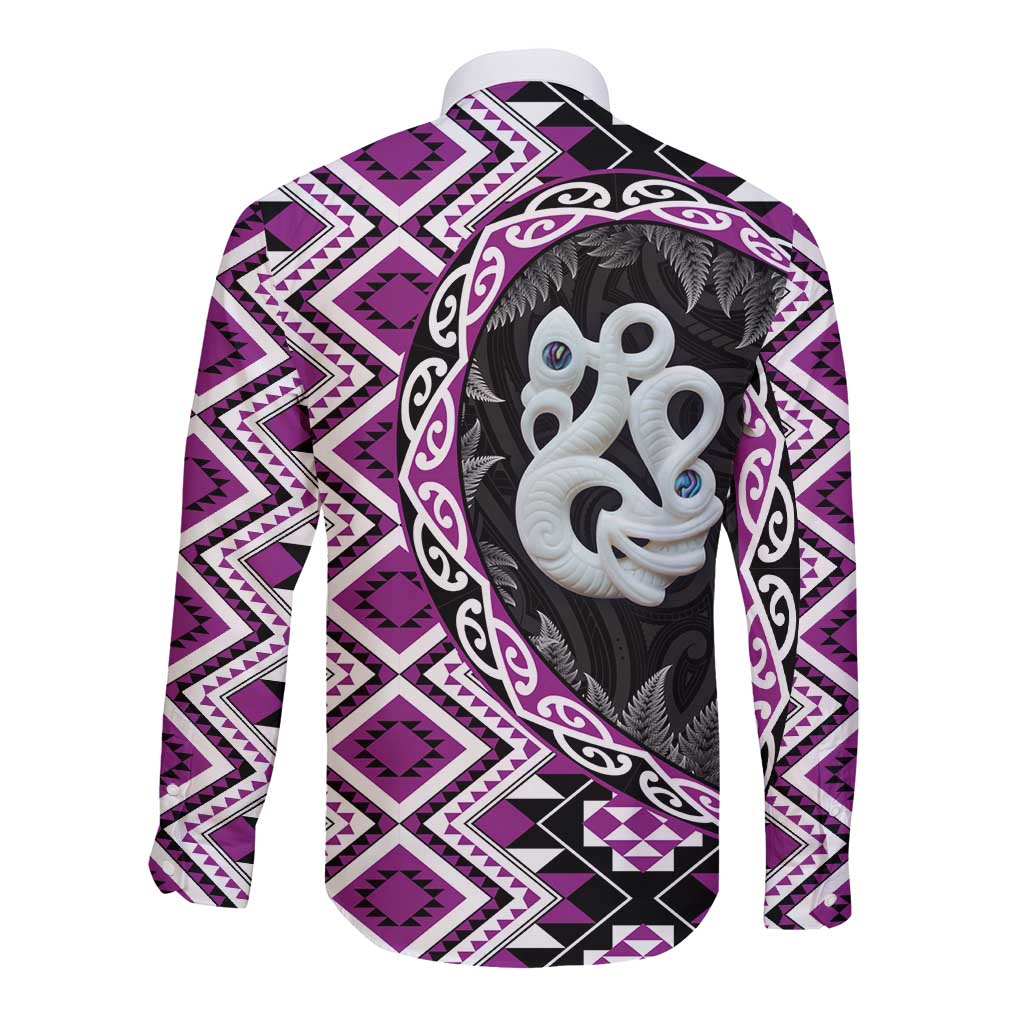 Purple Taniko Motif Aotearoa Manaia and Silver Fern Long Sleeve Button Shirt