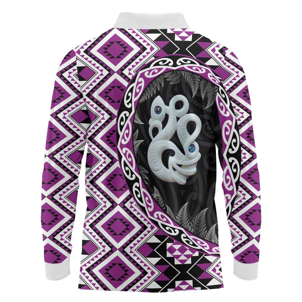 Purple Taniko Motif Aotearoa Manaia and Silver Fern Long Sleeve Polo Shirt LT03 - Polynesian Pride