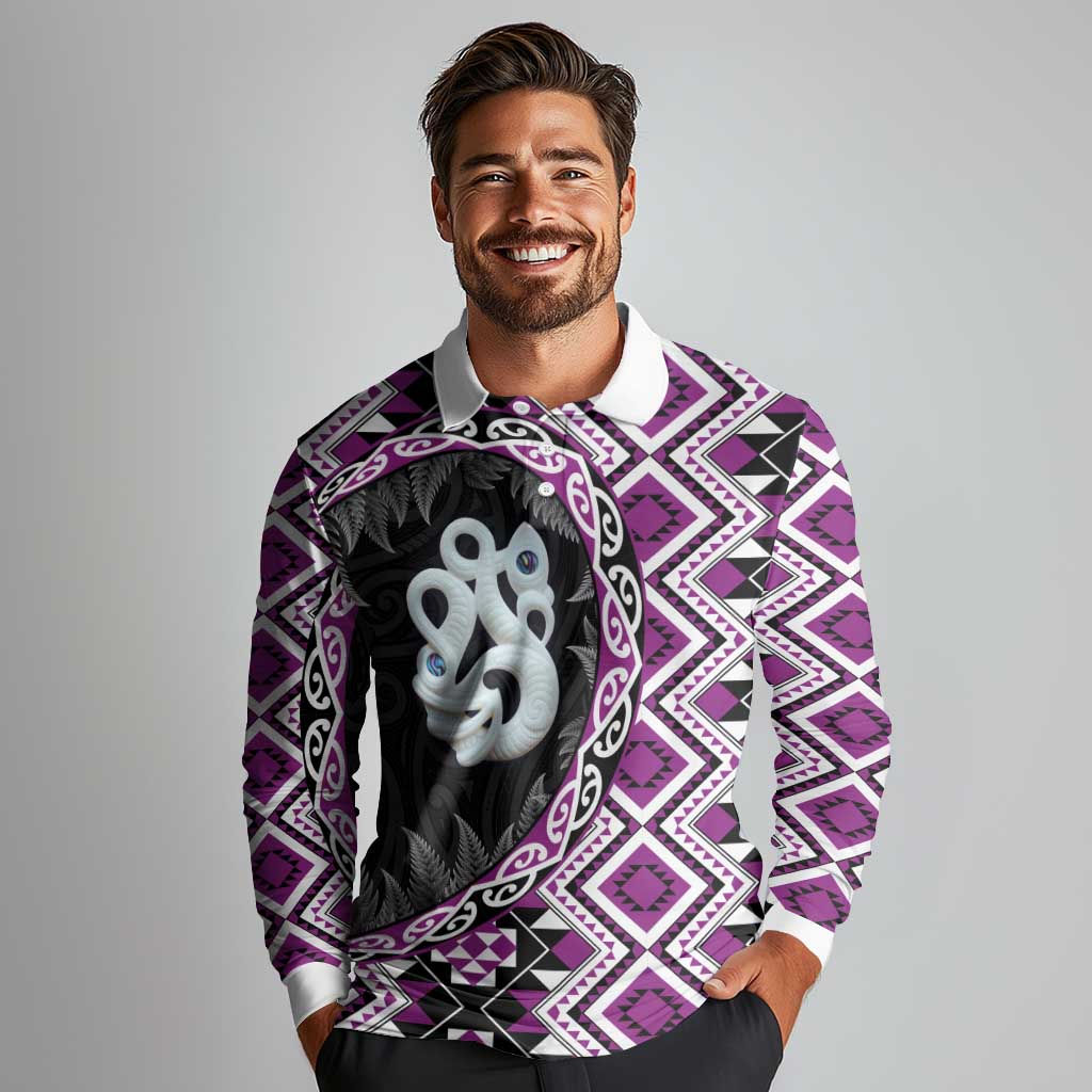 Purple Taniko Motif Aotearoa Manaia and Silver Fern Long Sleeve Polo Shirt LT03 - Polynesian Pride