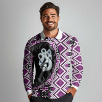 Purple Taniko Motif Aotearoa Manaia and Silver Fern Long Sleeve Polo Shirt LT03 - Polynesian Pride