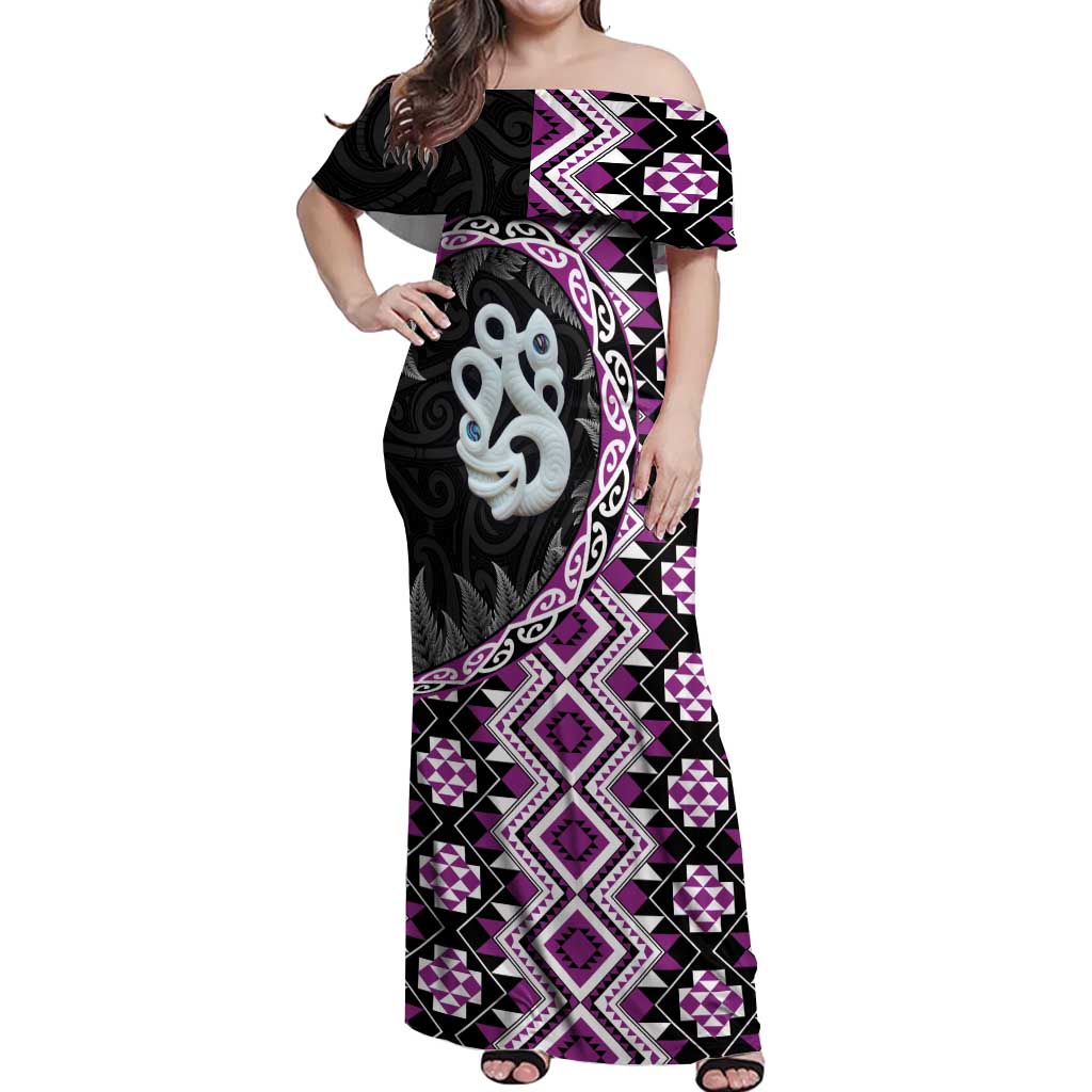 Purple Taniko Motif Aotearoa Manaia and Silver Fern Off Shoulder Maxi Dress