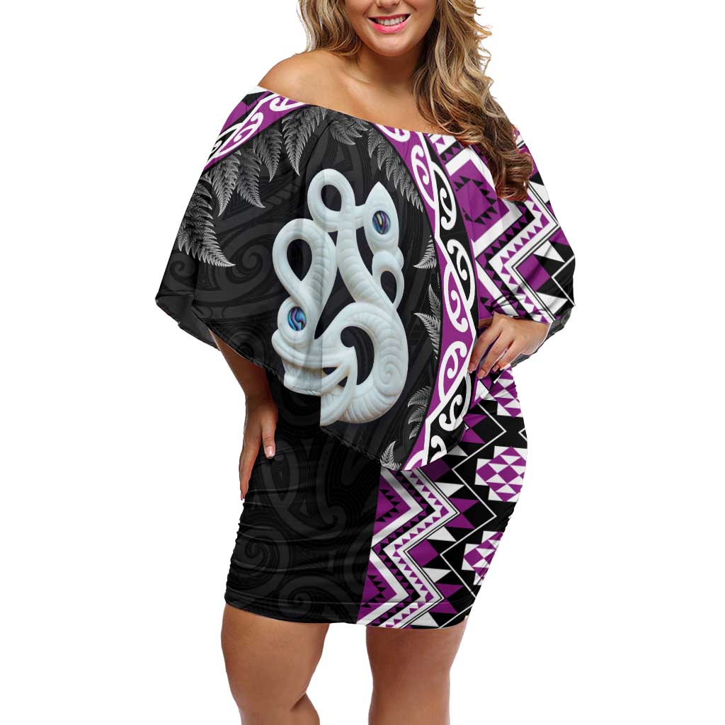 Purple Taniko Motif Aotearoa Manaia and Silver Fern Off Shoulder Short Dress