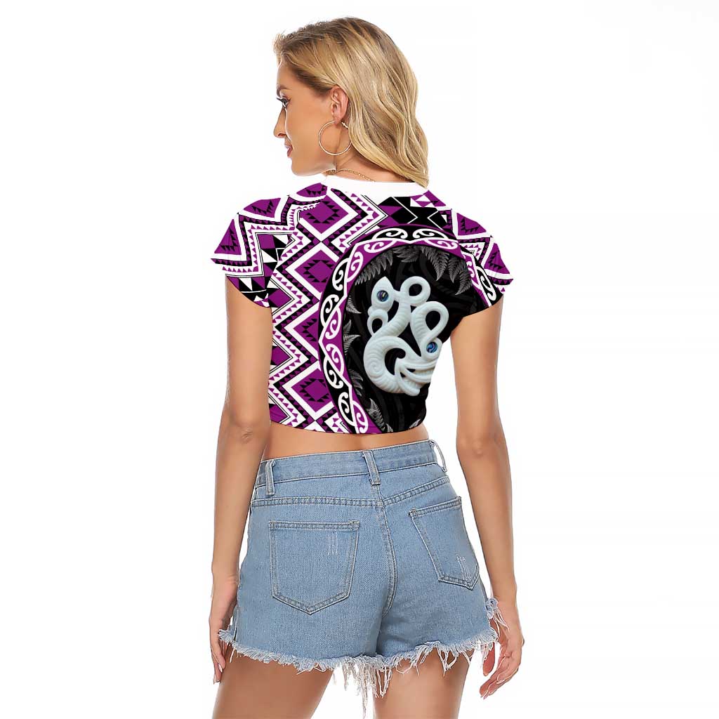 Purple Taniko Motif Aotearoa Manaia and Silver Fern Raglan Cropped T Shirt LT03 - Polynesian Pride