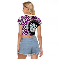 Purple Taniko Motif Aotearoa Manaia and Silver Fern Raglan Cropped T Shirt LT03 - Polynesian Pride