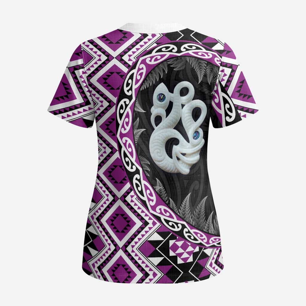 Purple Taniko Motif Aotearoa Manaia and Silver Fern Scrub Top - Polynesian Pride