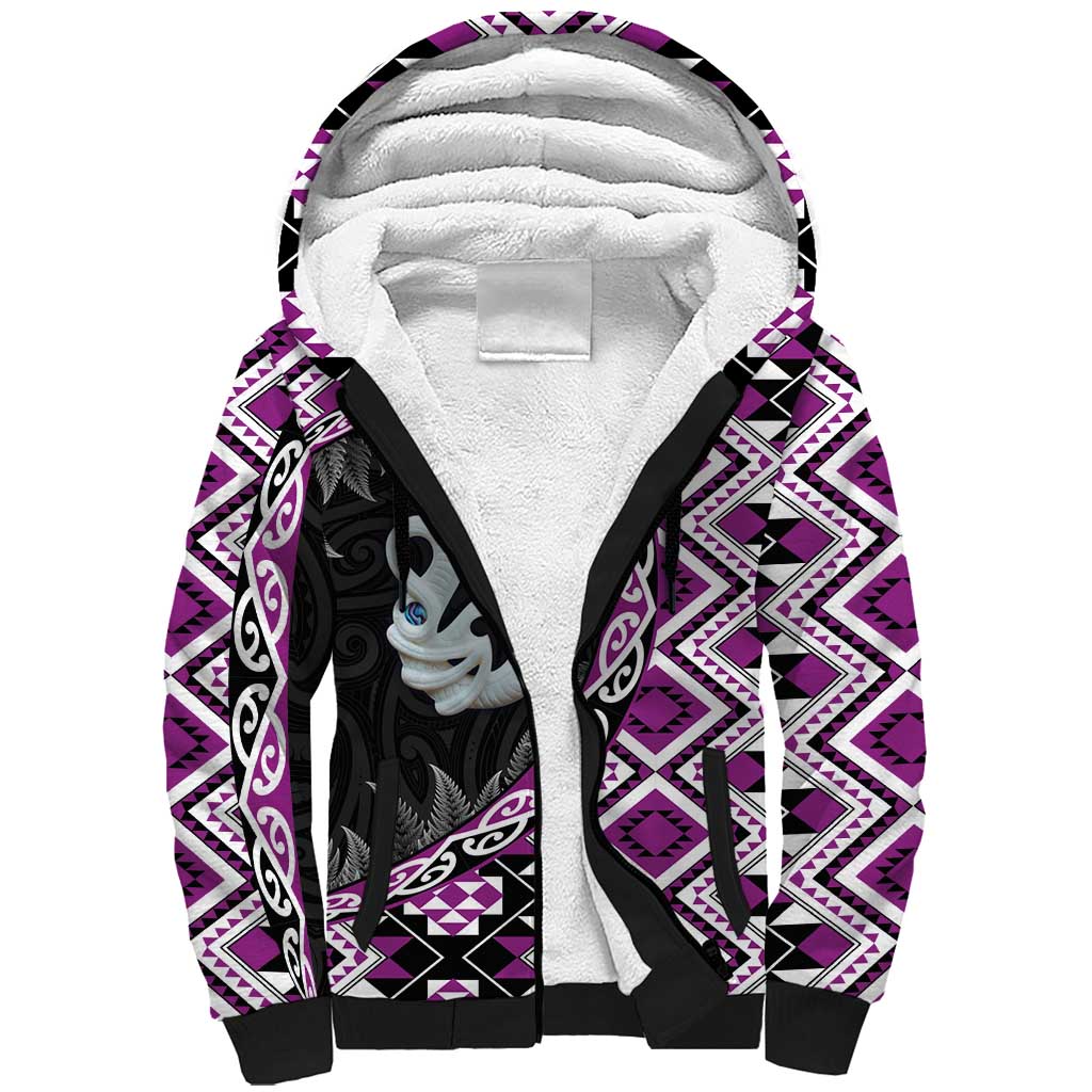 Purple Taniko Motif Aotearoa Manaia and Silver Fern Sherpa Hoodie