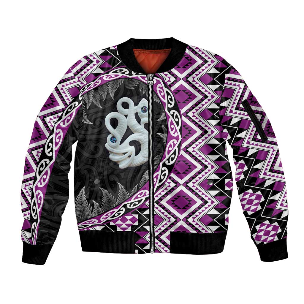 Purple Taniko Motif Aotearoa Manaia and Silver Fern Sleeve Zip Bomber Jacket