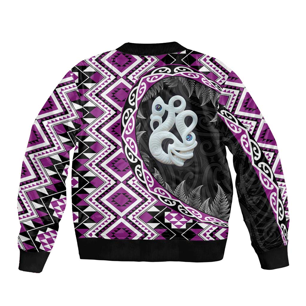 Purple Taniko Motif Aotearoa Manaia and Silver Fern Sleeve Zip Bomber Jacket