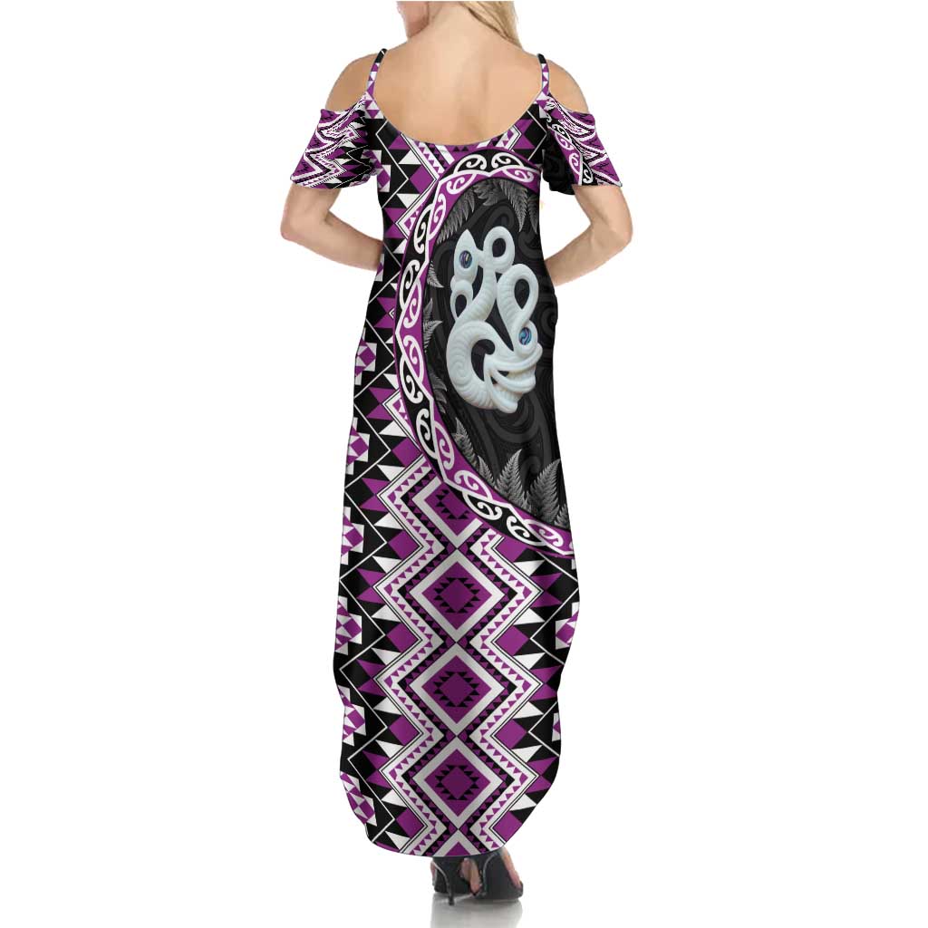 Purple Taniko Motif Aotearoa Manaia and Silver Fern Summer Maxi Dress