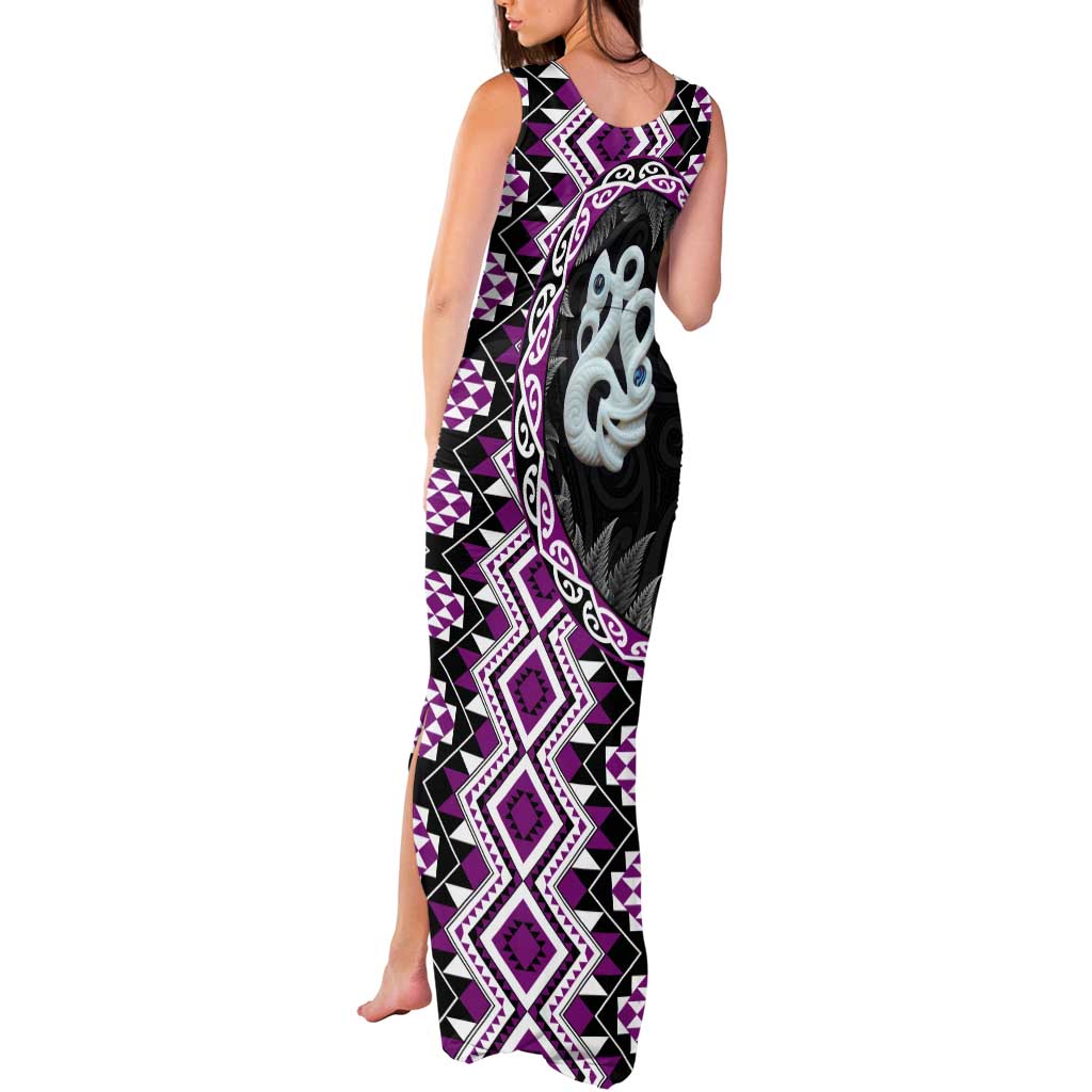 Purple Taniko Motif Aotearoa Manaia and Silver Fern Tank Maxi Dress